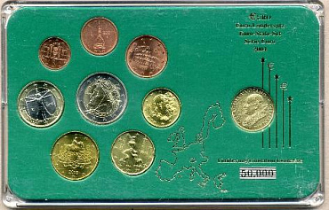 Италия, 2002-2009, Набор, 1с-2 Евро+ монета Ватикана, в кассете